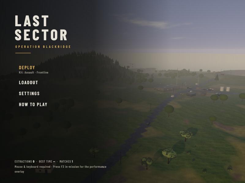 Main menu of Last Sector over a 3D view of Blackridge Island, built by Claude Opus 5.5