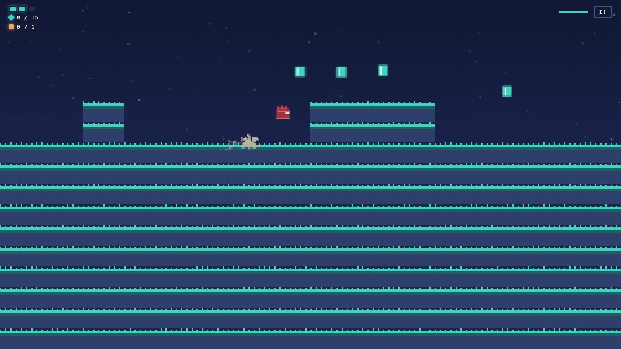 Gameplay: PIP running across teal grass platforms toward floating Signal Bits and a red enemy, built by Atria Dawn Preview