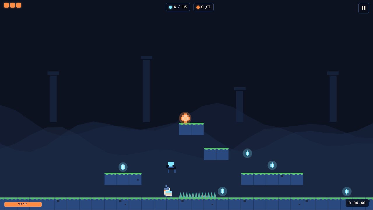 Gameplay in Signal Meadow: PIP near spikes and floating platforms with glowing Signal Bits, built by DeepSeek v4 Pro