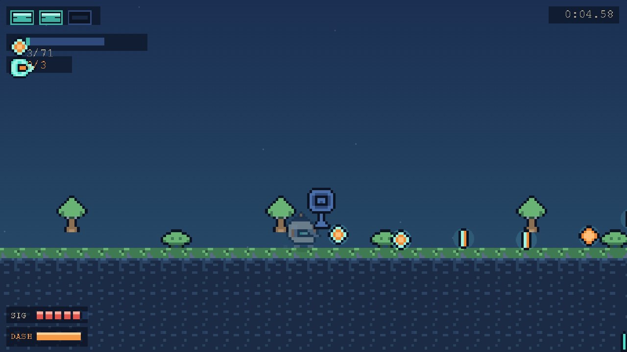 Gameplay in Signal Meadow: PIP beside a signal beacon, pixel trees and glowing collectibles, built by DeepSeek v4.1 Flash