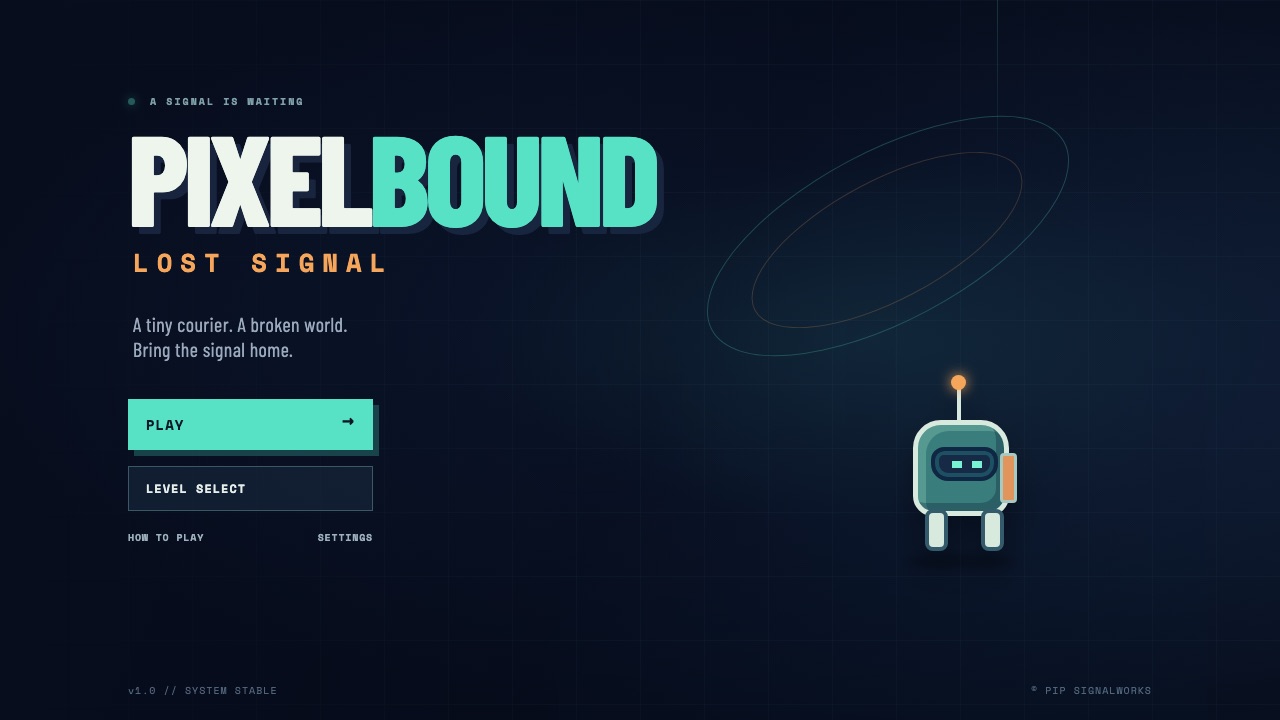 Title screen of Pixelbound: Lost Signal, built by GPT-5.6 Luna