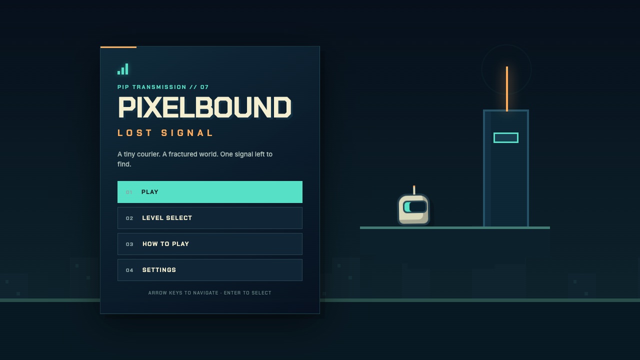 Title screen of Pixelbound: Lost Signal, built by GPT-5.6 Sol