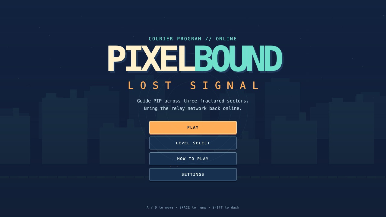 Title screen of Pixelbound: Lost Signal, built by GPT-5.6 Terra