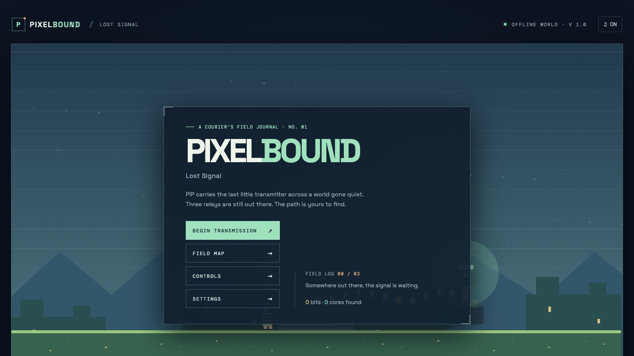 Title screen of Pixelbound: Lost Signal, built by GPT-6 Luna